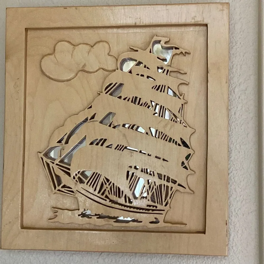 Handmade Wood And Mirror Well Decor Boat Ship 🛳 31.5”x13.5”Size